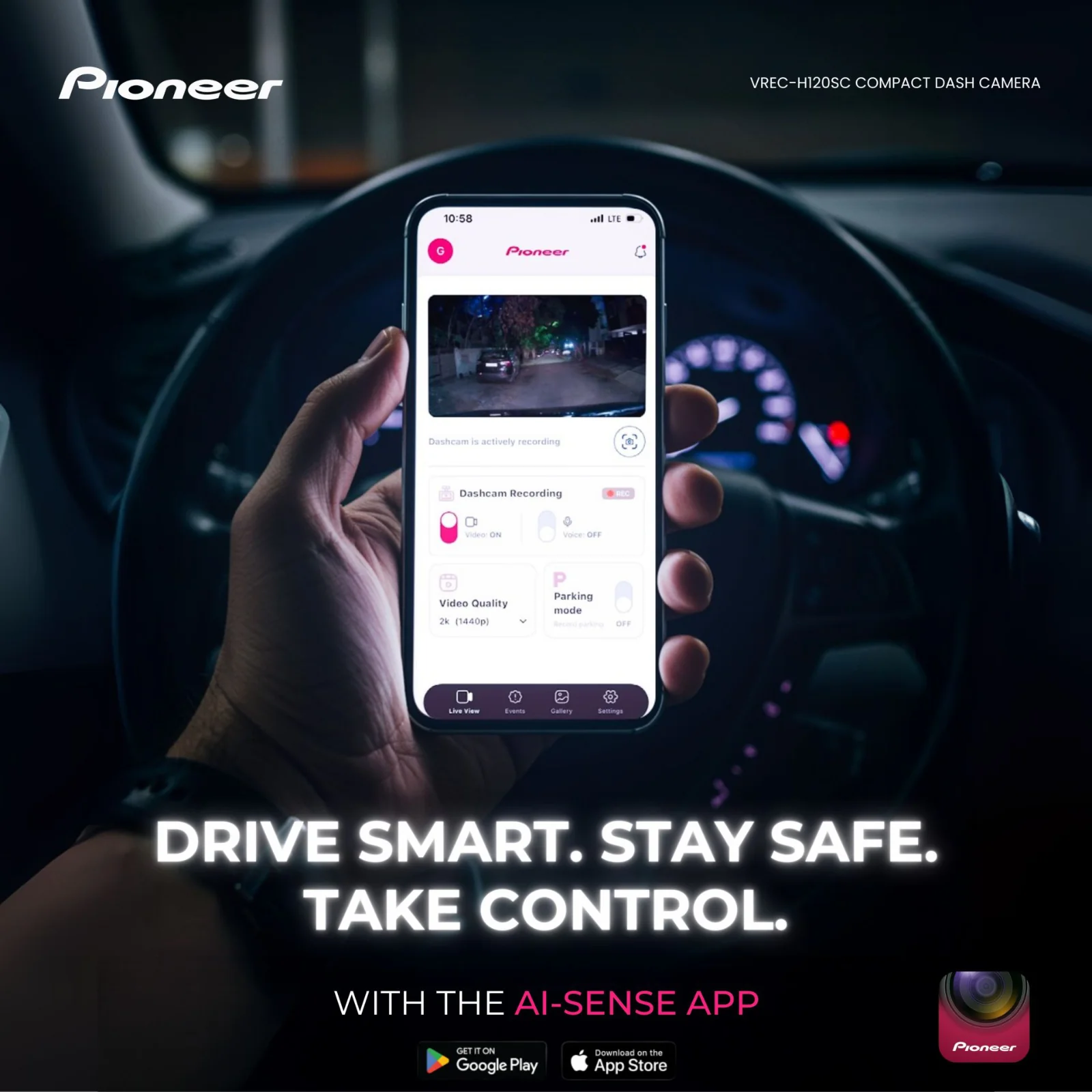 Pioneer VREC-H120SC Dash Cam Wi-Fi 1296p Ultra Compact 1 Channel Front Camera - Image 5